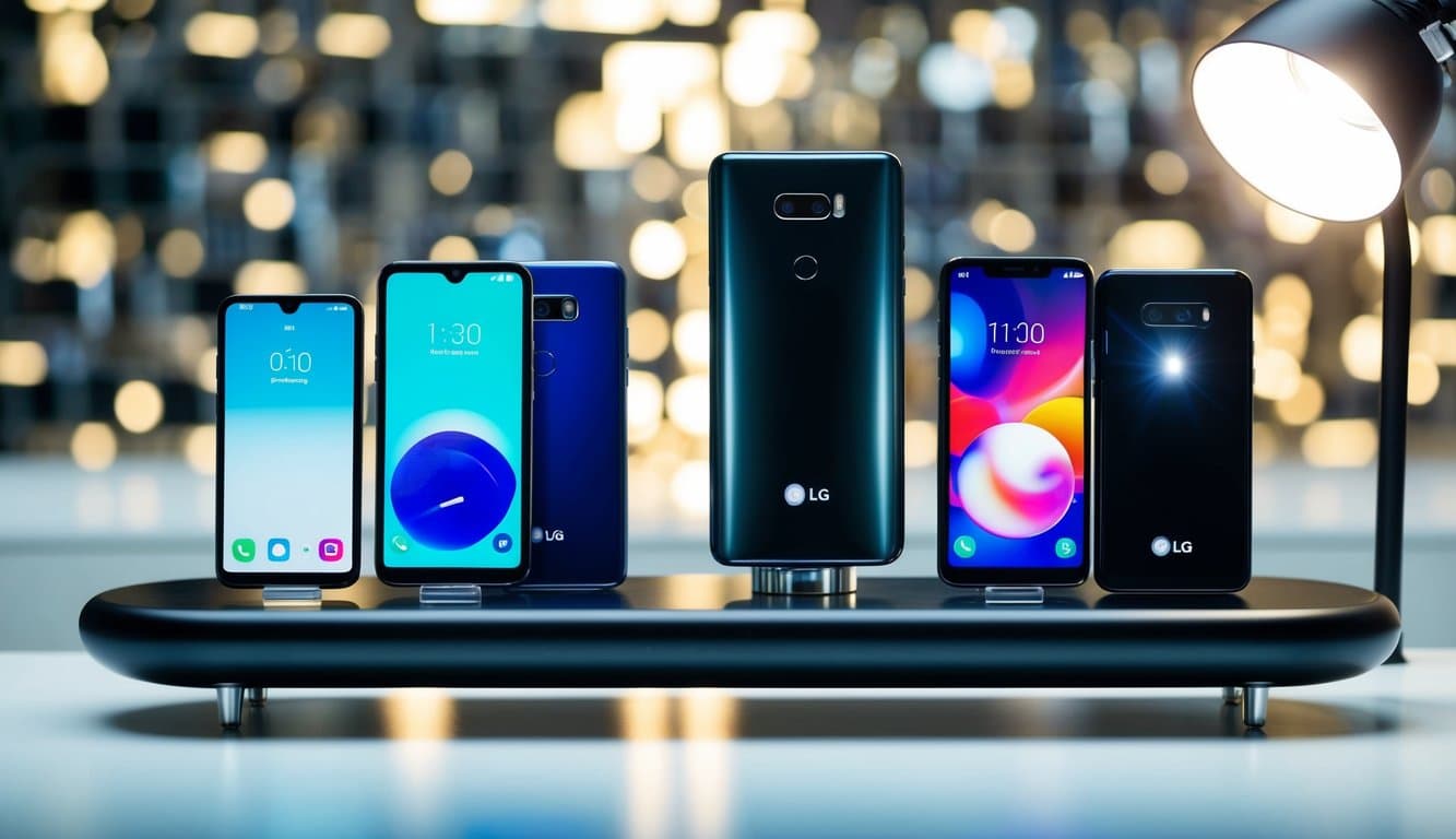 Uma linha de smartphones da LG exibida em uma mesa elegante e moderna, com um holofote iluminando o modelo topo de linha.