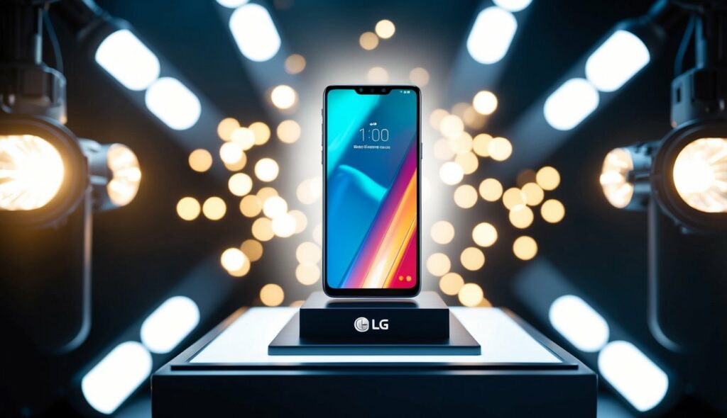 Um elegante smartphone LG exibido em um pedestal, cercado por refletores brilhantes e tecnologia futurista