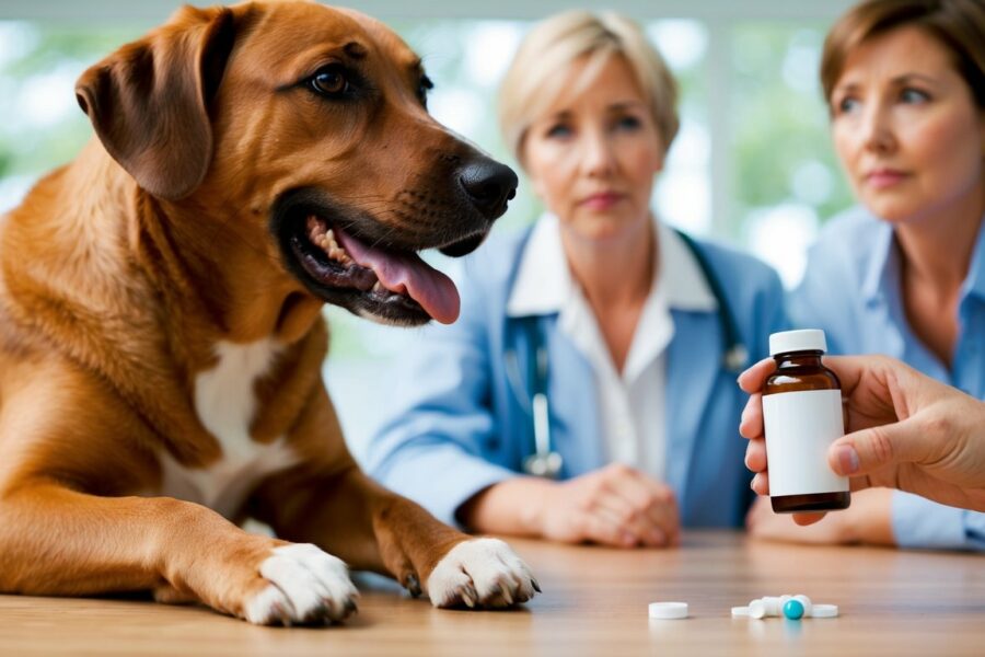 Um cachorro espera ansiosamente enquanto uma mão se estende para pegar uma garrafa de medicamento, igual Dramin, com um proprietário preocupado observando ao fundo.