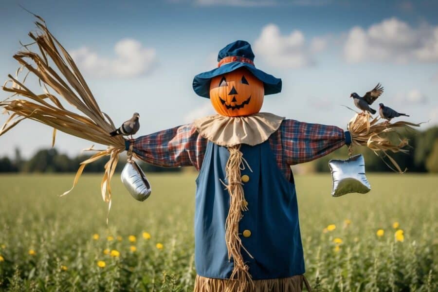 Um espantalho em um campo, com tecido esvoaçante e objetos brilhantes mostrando como espantar pombos