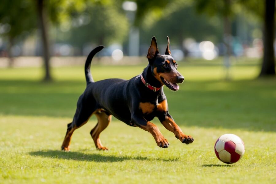 Um cachorro Pinscher brincando em um parque, correndo atrás de uma bola. A seguir uma lista de nomes para cachorro pinscher