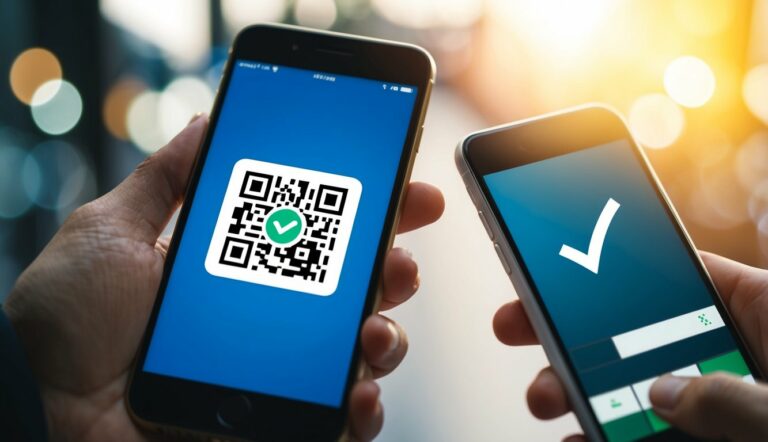 Um smartphone exibindo um código QR sendo escaneado por outro smartphone, com uma marca de verificação aparecendo na tela. Isso pode ser usado como forma de pagamento como cred pix