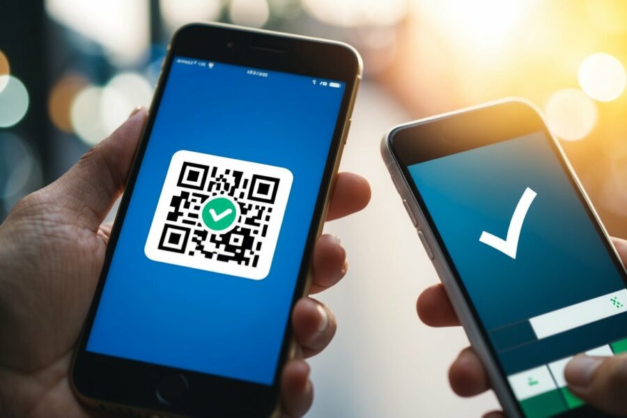 Um smartphone exibindo um código QR sendo escaneado por outro smartphone, com uma marca de verificação aparecendo na tela. Isso pode ser usado como forma de pagamento como cred pix