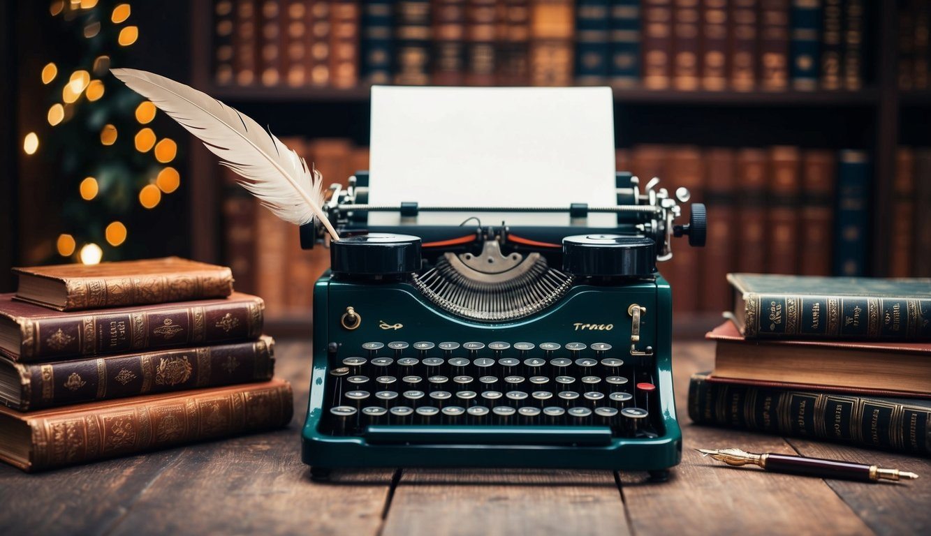 Uma máquina de escrever vintage cercada por livros antigos e uma pena