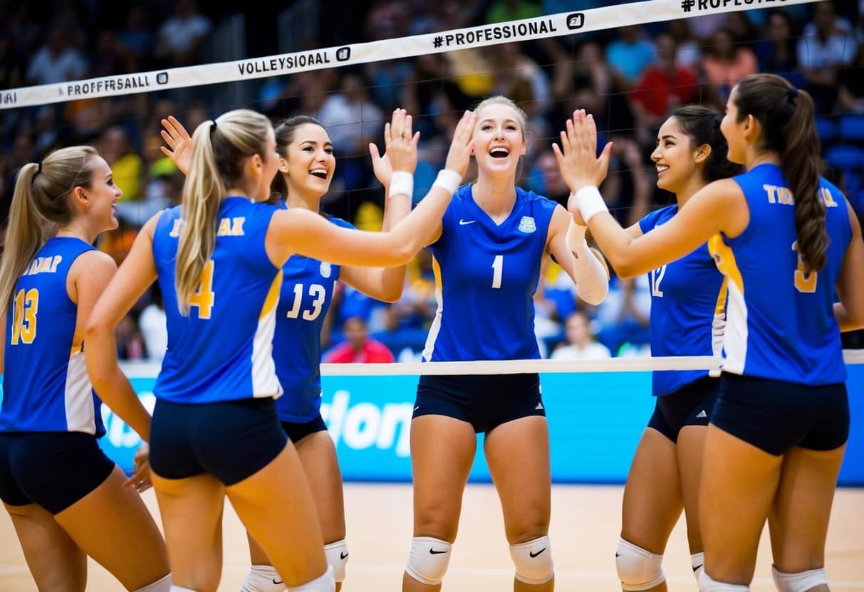 Um grupo de jogadores de vôlei comemorando um ponto com high-fives e gritos de alegria.