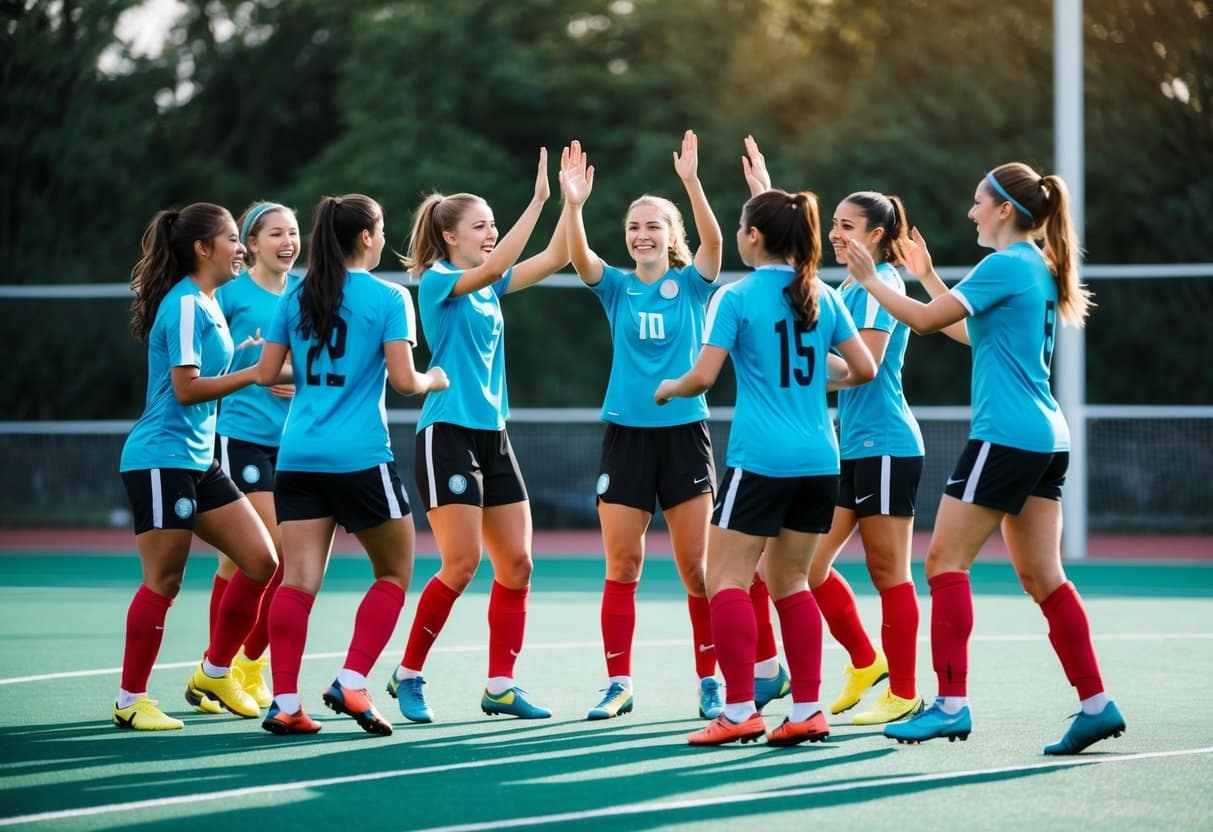 Um grupo de jogadoras de futsal celebrando um gol, se cumprimentando e torcendo em círculo na quadra.