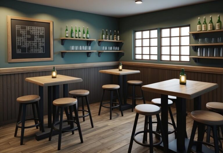 Um bar pequeno e modesto com mesas de madeira, banquetas, e prateleiras de garrafas e copos. Um quadro negro com palavras cruzadas está pendurado na parede.