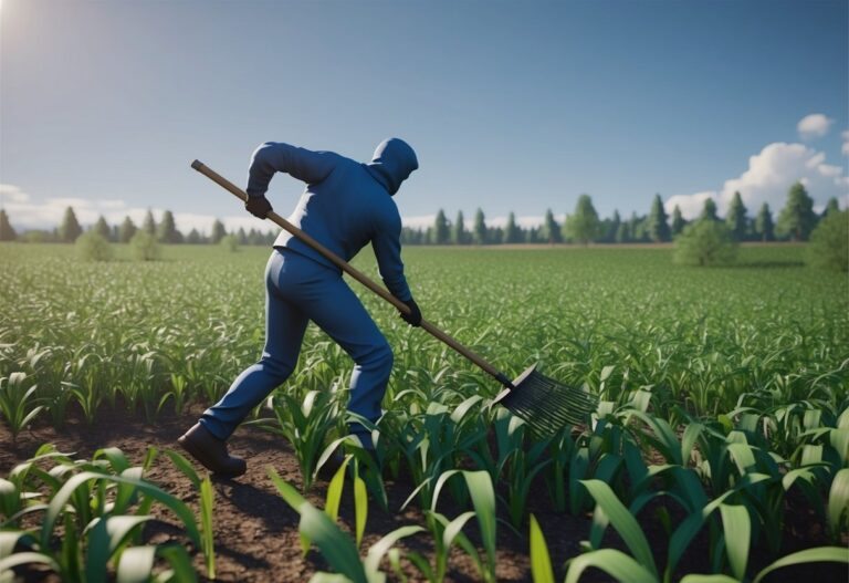 Uma figura limpando um campo de ervas daninhas com um rastelo e uma pá