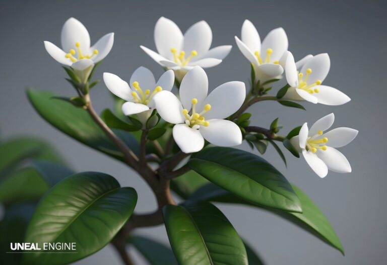 Uma planta de jasmim florescendo, emitindo uma fragrância doce, com nove letras escondidas nas pétalas.