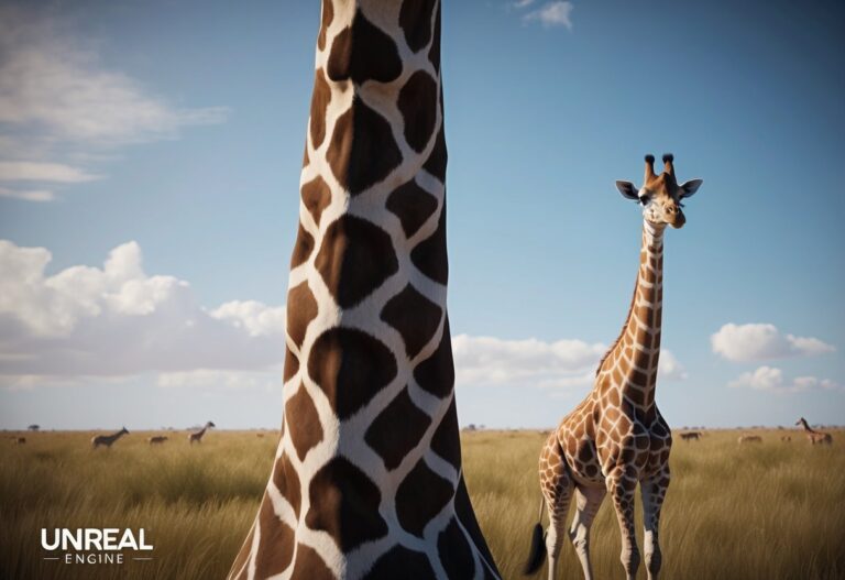 A base do pescoço de uma girafa, com seu padrão distinto, se erguendo acima da grama da savana.