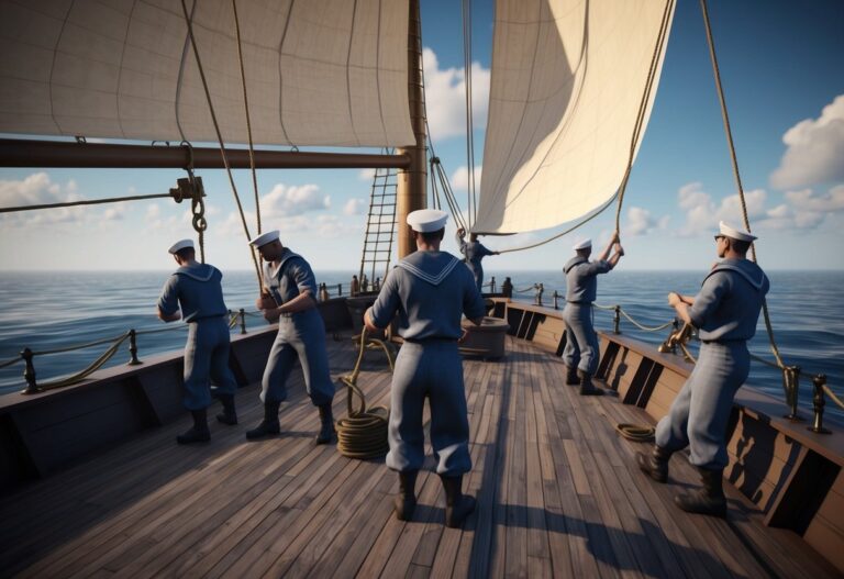 Um grupo de marinheiros trabalhando no convés de um navio, puxando cordas e içando velas