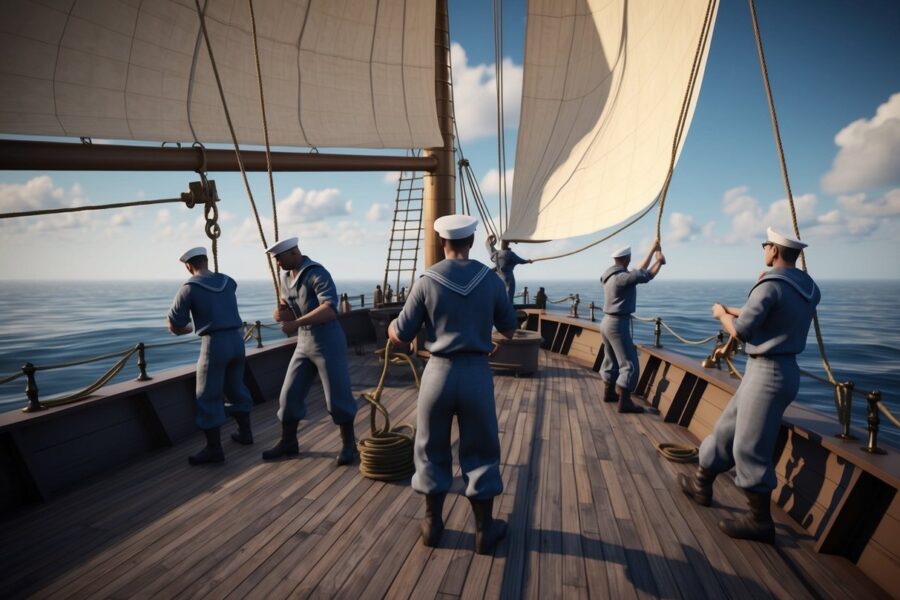 Um grupo de marinheiros trabalhando no convés de um navio, puxando cordas e içando velas