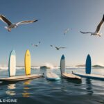 Um grupo de pranchas de surf flutuando no oceano calmo, com gaivotas voando acima e ondas distantes quebrando ao fundo.