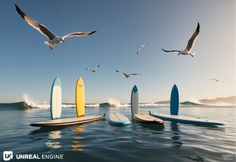 Um grupo de pranchas de surf flutuando no oceano calmo, com gaivotas voando acima e ondas distantes quebrando ao fundo.