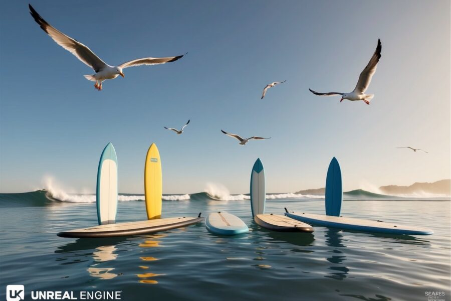 Um grupo de pranchas de surf flutuando no oceano calmo, com gaivotas voando acima e ondas distantes quebrando ao fundo.