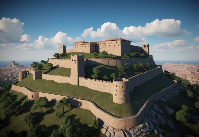 Uma grande fortaleza no topo de uma colina na Espanha, cercada por antigas paredes de pedra e com vista para a cidade abaixo.