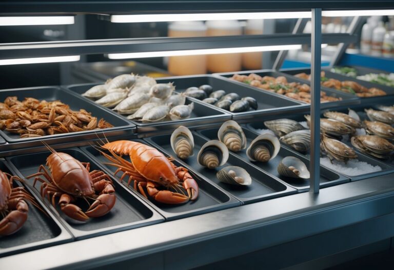 Uma vitrine de mercado de frutos do mar com vários crustáceos e moluscos comestíveis