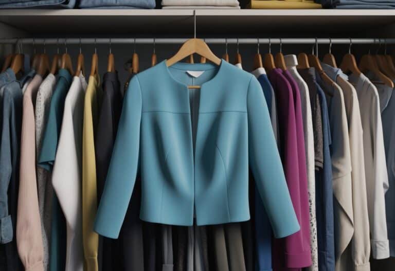 Uma blusa curta, estilo jaqueta, em um cabide, cercada por outras peças de roupa em um armário bagunçado