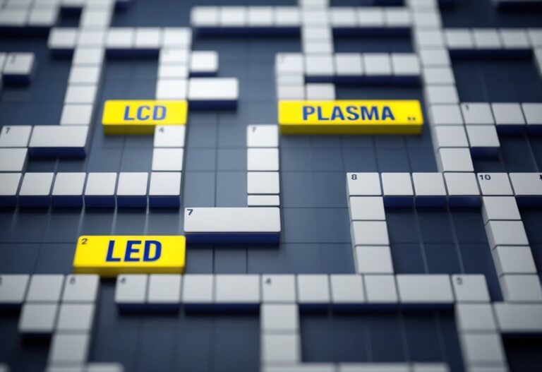 Uma grade de palavras cruzadas com as palavras "lcd," "plasma" e "led" preenchidas.