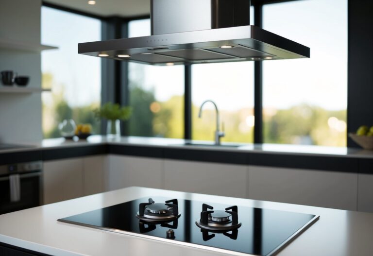 Um cooktop elegante e moderno com uma coifa combinando pairando na altura perfeita acima dele