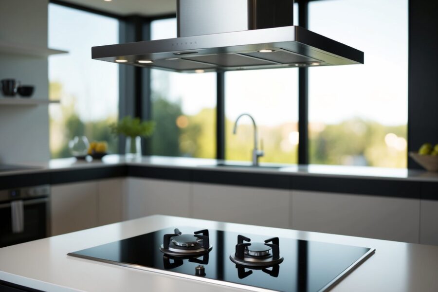 Um cooktop elegante e moderno com uma coifa combinando pairando na altura perfeita acima dele