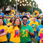 Uma multidão colorida em camisas de abadá festivas dançando e celebrando em um animado evento ao ar livre