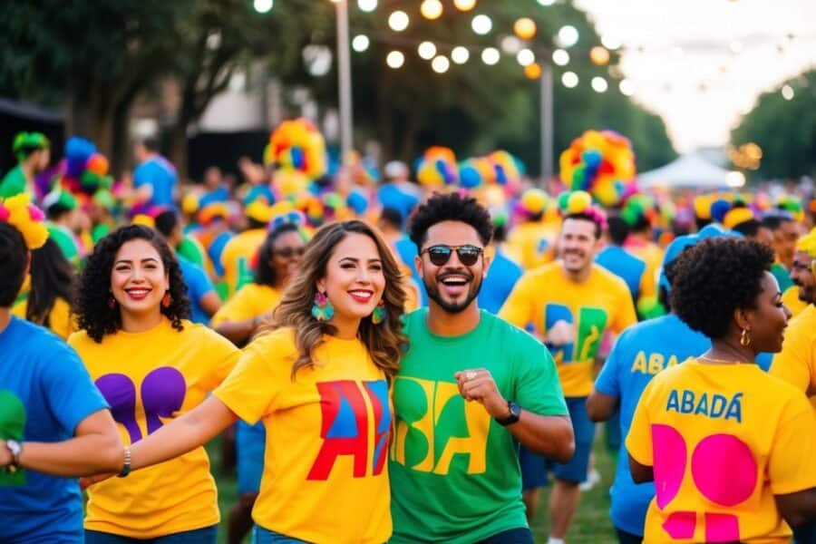 Uma multidão colorida em camisas de abadá festivas dançando e celebrando em um animado evento ao ar livre
