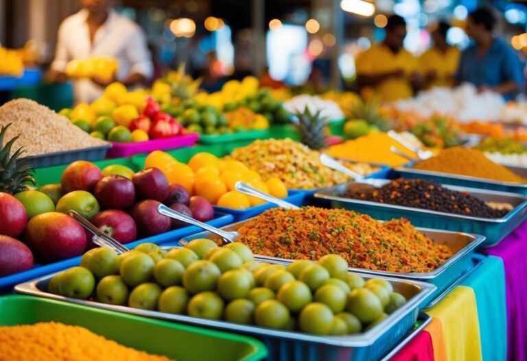 Uma barraca de mercado colorida exibe pratos típicos do Maranhão em meio a frutas tropicais vibrantes e especiarias locais.