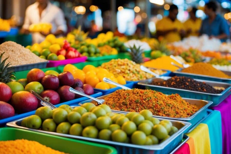 Uma barraca de mercado colorida exibe pratos típicos do Maranhão em meio a frutas tropicais vibrantes e especiarias locais.