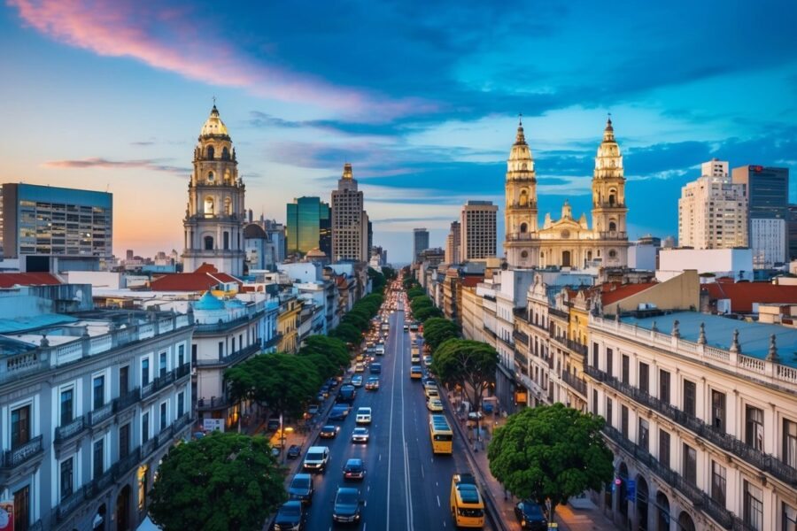 Uma rua movimentada de São Paulo cheia de marcos icônicos e cultura vibrante