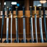 Uma coleção de diferentes tipos de katanas exibidas em um suporte de madeira, cada uma com seu design único de lâmina e empunhadura.