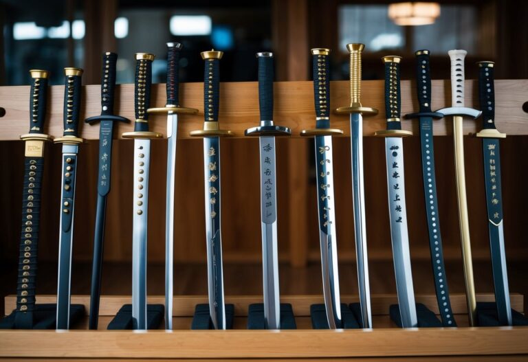 Uma coleção de diferentes tipos de katanas exibidas em um suporte de madeira, cada uma com seu design único de lâmina e empunhadura.