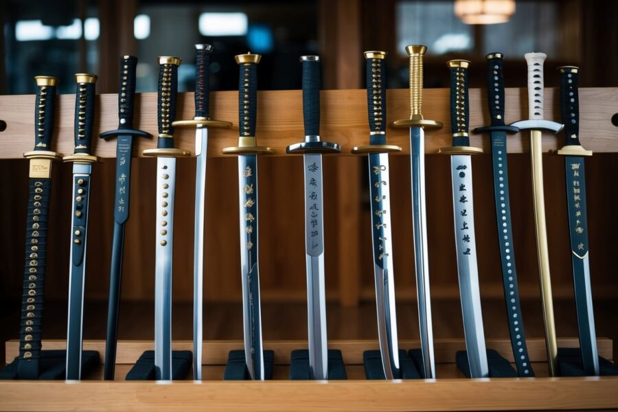 Uma coleção de diferentes tipos de katanas exibidas em um suporte de madeira, cada uma com seu design único de lâmina e empunhadura.