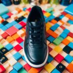 Um sapato preto cercado por vários objetos coloridos, simbolizando versatilidade e compatibilidade