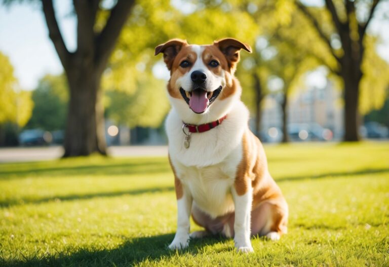 Um cachorro feliz posando em um parque ensolarado com uma expressão brincalhona