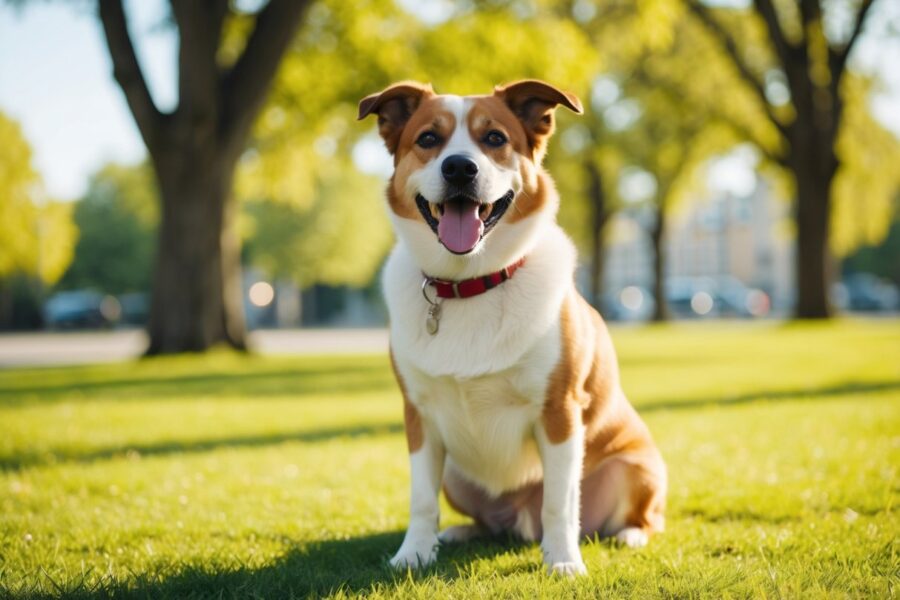 Um cachorro feliz posando em um parque ensolarado com uma expressão brincalhona