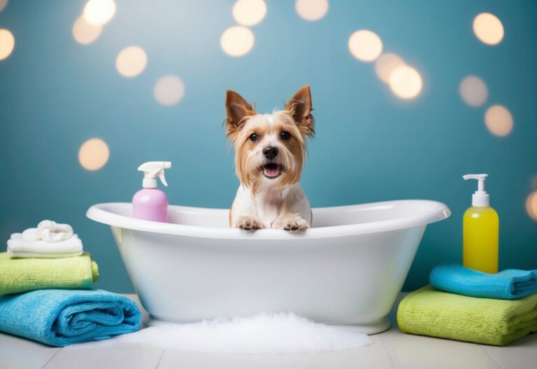 Um cachorro sendo banhado em uma banheira, com água e espuma de sabão, cercado por toalhas e suprimentos de cuidados.
