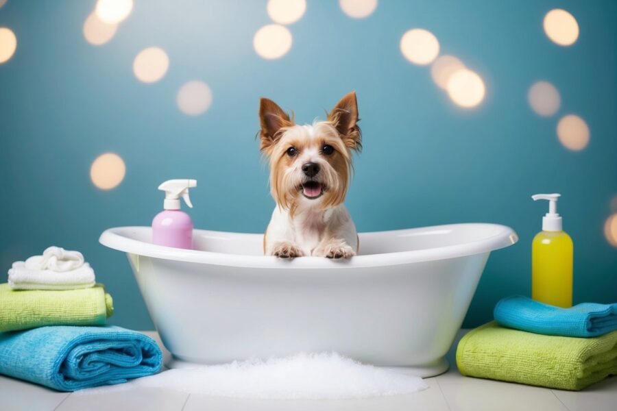 Um cachorro sendo banhado em uma banheira, com água e espuma de sabão, cercado por toalhas e suprimentos de cuidados.