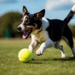 Um cachorro persegue ansiosamente uma bola de tênis amarela brilhante, sua cauda balançando de empolgação enquanto ele salta ansiosamente sobre o brinquedo.