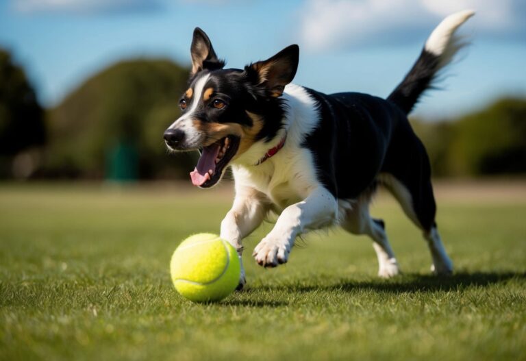 Um cachorro persegue ansiosamente uma bola de tênis amarela brilhante, sua cauda balançando de empolgação enquanto ele salta ansiosamente sobre o brinquedo.