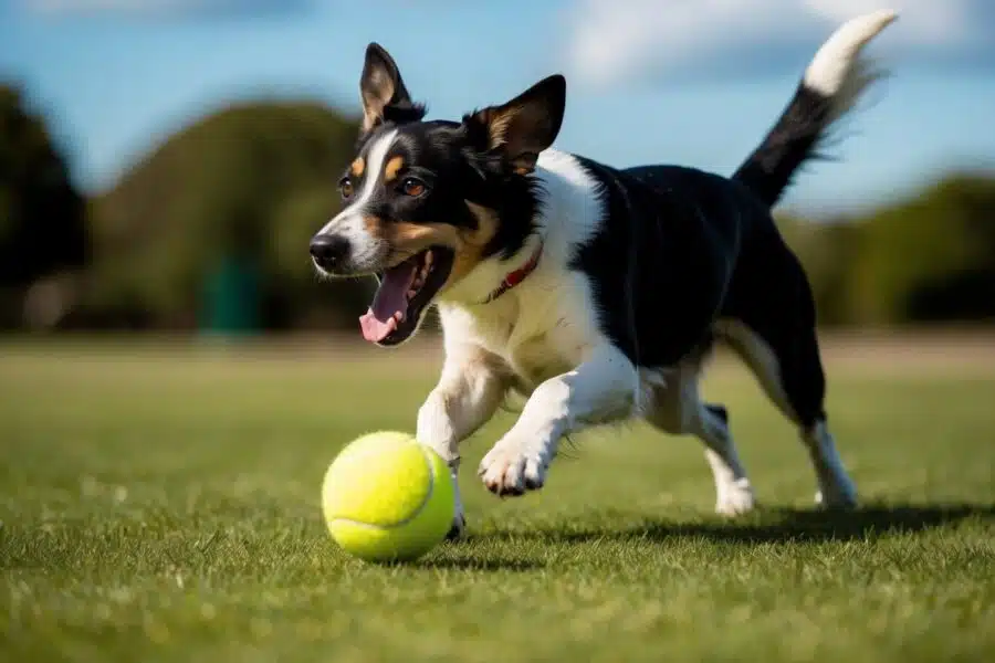 Um cachorro persegue ansiosamente uma bola de tênis amarela brilhante, sua cauda balançando de empolgação enquanto ele salta ansiosamente sobre o brinquedo.