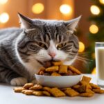 Um gato gordinho mastigando feliz uma pilha de petiscos e uma tigela de leite rico e cremoso