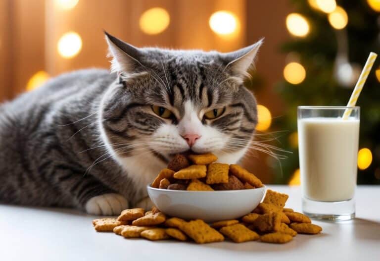 Um gato gordinho mastigando feliz uma pilha de petiscos e uma tigela de leite rico e cremoso