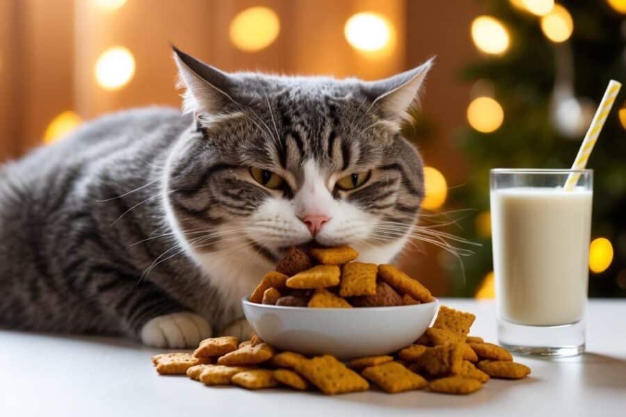 Um gato gordinho mastigando feliz uma pilha de petiscos e uma tigela de leite rico e cremoso