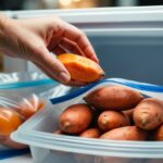 Uma mão colocando batatas-doces em um saco para congelar, selando-o e colocando-o no congelador.