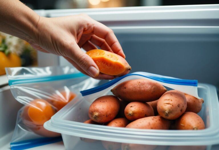 Uma mão colocando batatas-doces em um saco para congelar, selando-o e colocando-o no congelador.