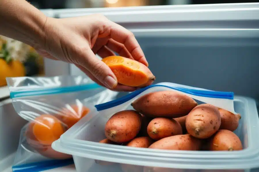 Uma mão colocando batatas-doces em um saco para congelar, selando-o e colocando-o no congelador.