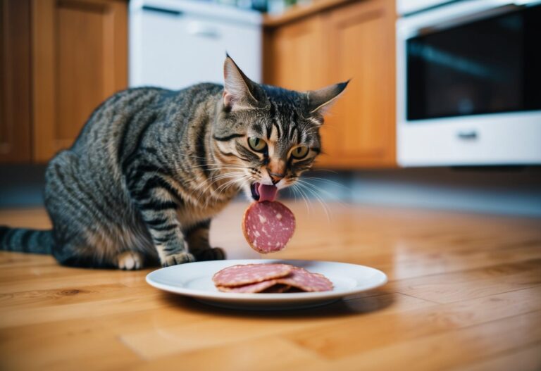 Um gato come avidamente mortadela de um prato no chão da cozinha