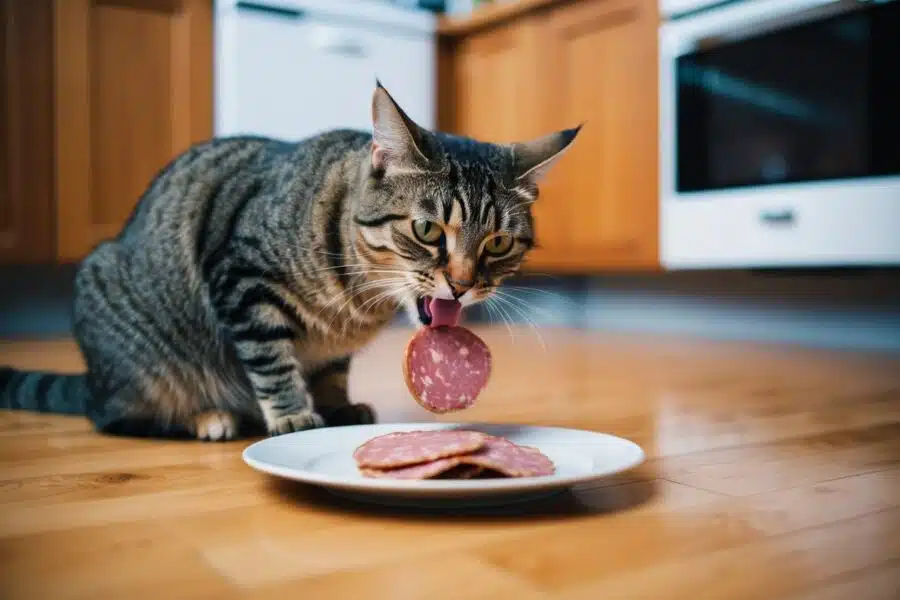 Um gato come avidamente mortadela de um prato no chão da cozinha