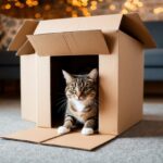 Uma caixa de papelão com uma porta secreta montada para pegar um gato